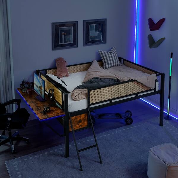 slide 2 of 21, Single metal loft bed with rectangular desk, LED lights Black+Brown