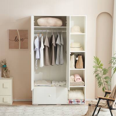 2 Doors Bedroom Armoire with 1 Large Drawers and 6 Shelves,White