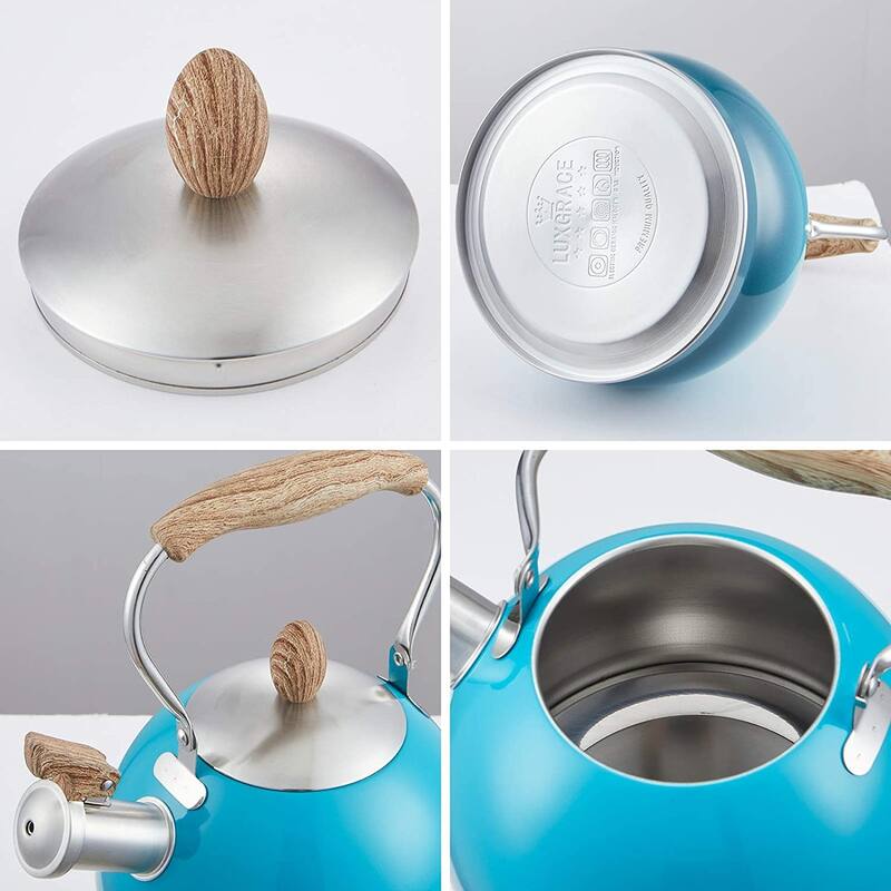 Creative Home 2.6 Qt. Stainless Steel Whistling Tea Kettle Teapot with Folding Handle, Aluminum Capsulated Bottom, Blue