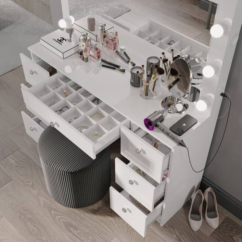 Premium Makeup Vanity with Bluetooth Speaker, Large Mirror, and 7 Drawers