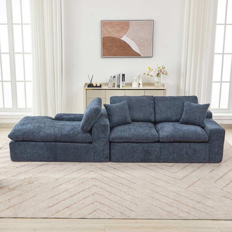 108" Blue Chenille Modular Sectional Sofa with Double-layer Cushion, Side Pockets & Pillows for Living Room