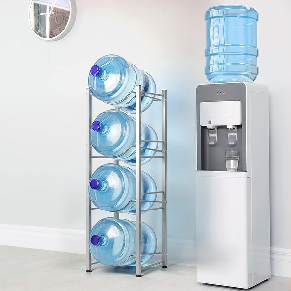 Vrisa 4-Tier Water Jug Holder Stand - Holds 5 Gallon Bottles, With Storage Shelf, Rustic Brown