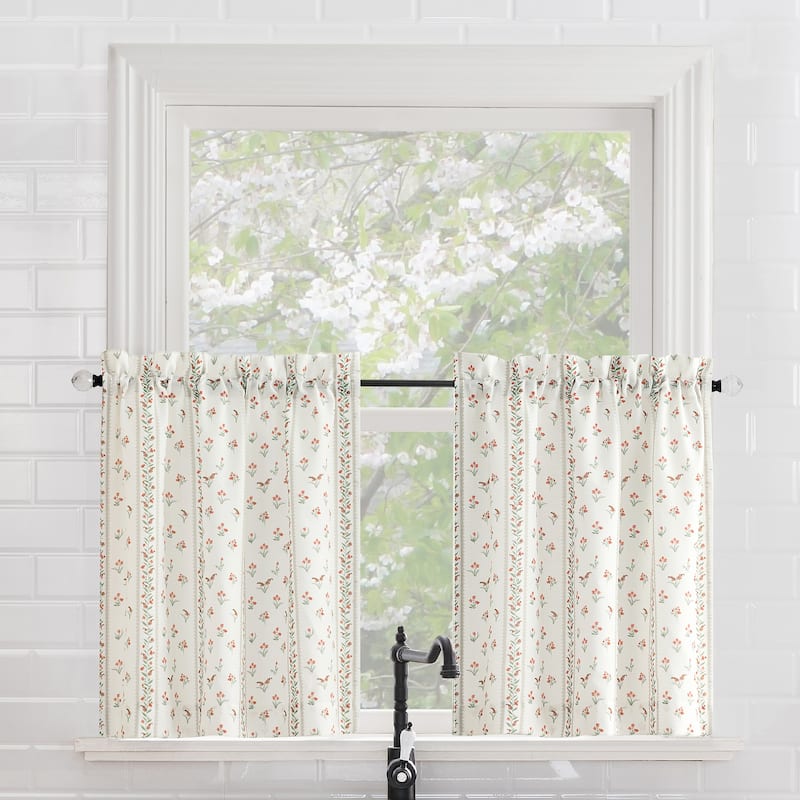 No. 918 Riverwood 2-piece Floral Stripe Semi-Sheer Rod Pocket Kitchen Curtain Tier Pair - 54" x 36" - Ivory