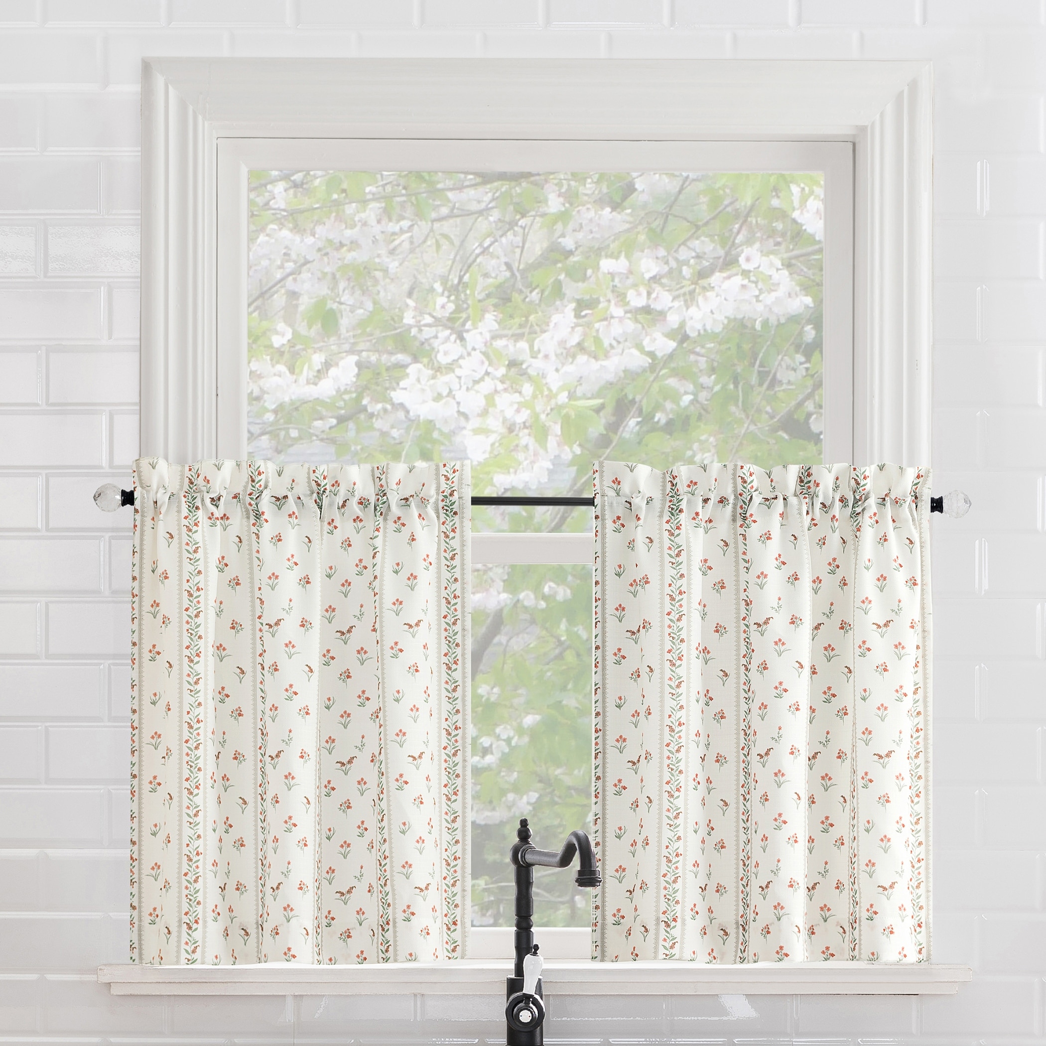 No. 918 Riverwood 2-piece Floral Stripe Semi-Sheer Rod Pocket Kitchen Curtain Tier Pair