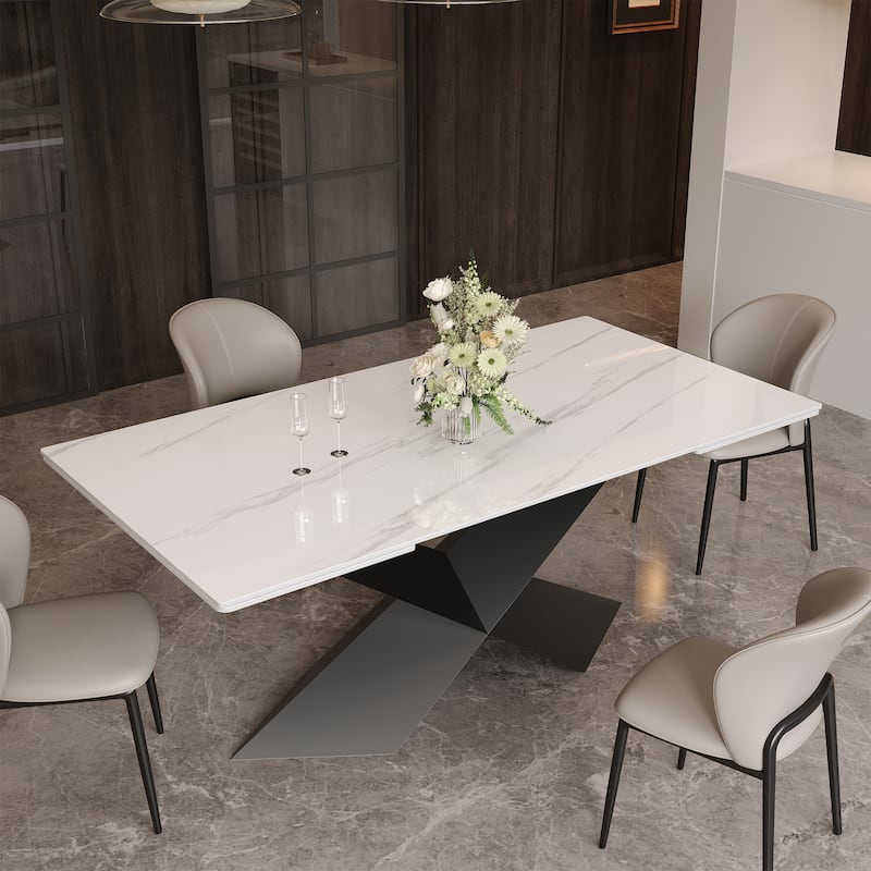 63-95"Extendable Modern Dining Table for 4-10, White Glossy Sintered Stone Tabletop, black X-Shaped Steel Legs - 94.5