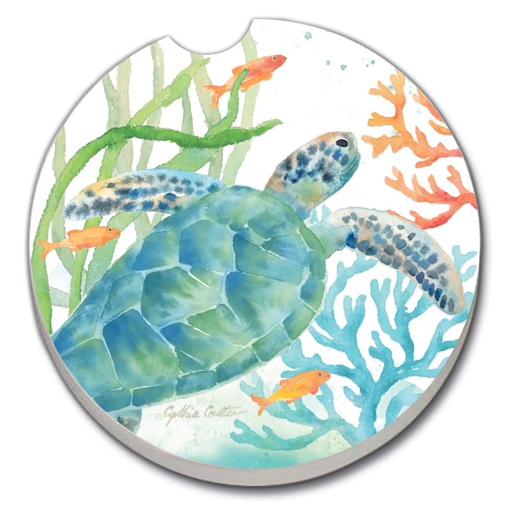 Counterart Absorbent Stoneware Car Coaster, Sea Life Serenade, Set of 2 - 2.5