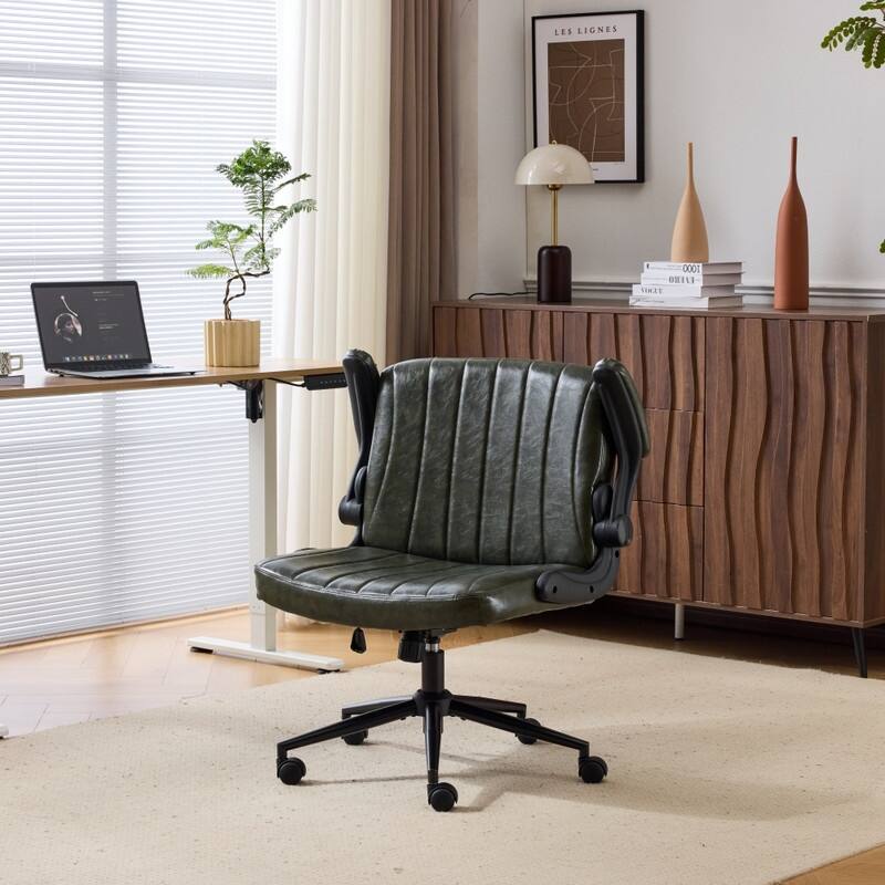 Oil-Waxed Leather Swivel Chair With Flip-Up Armrests