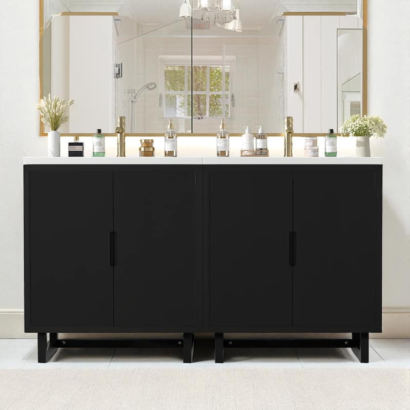 60.2" Bathroom Vanity with Sink, Solid Wood Frame, 4 Soft-Close Doors and Large Storage Cabinet - Black