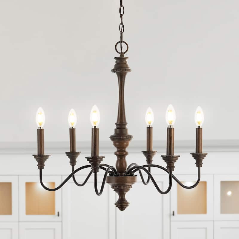 Sofia 25" 6-Light Midcentury Farmhouse Iron LED Chandelier, Wood Finished/Oil Rubbed Bronze by JONATHAN Y