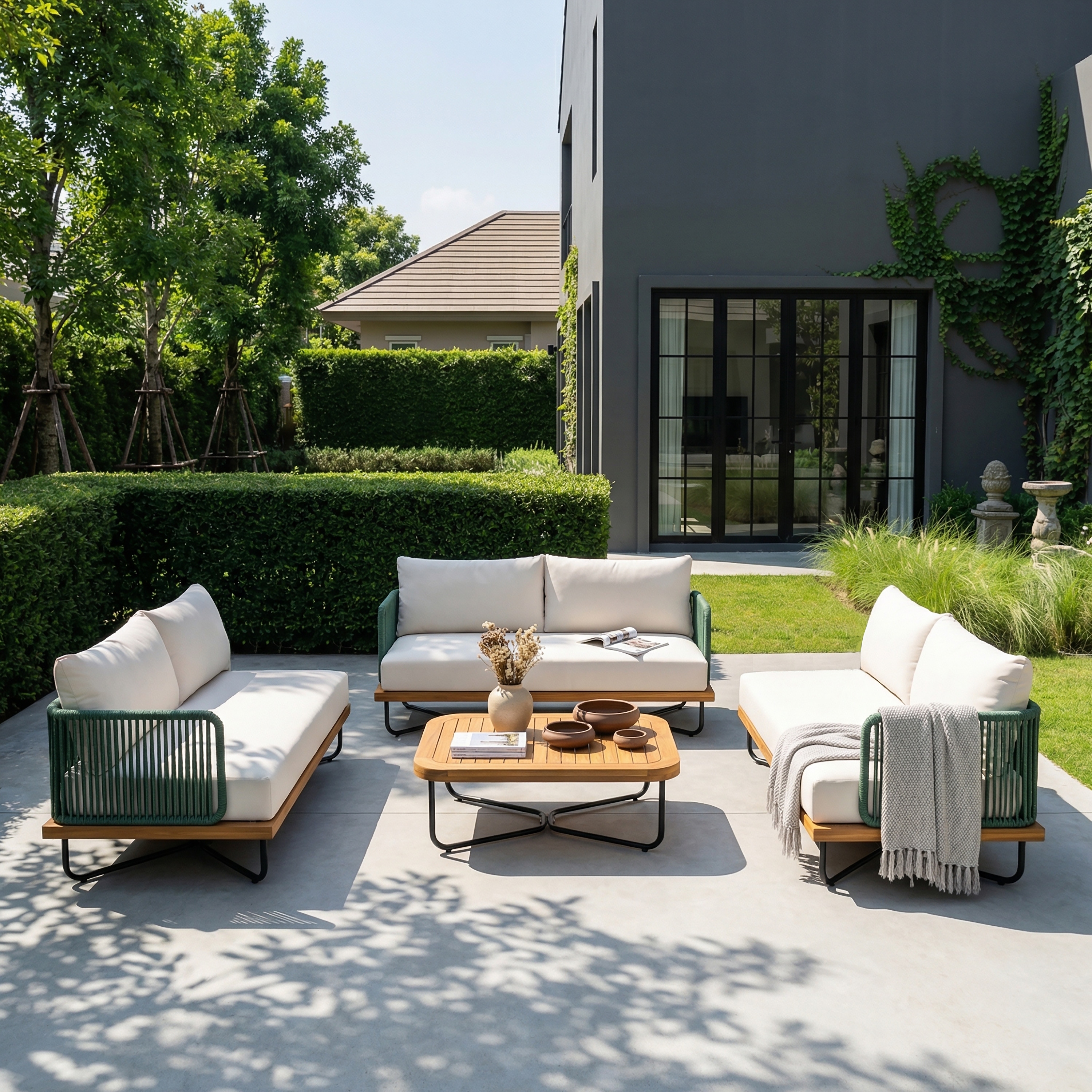 Christopher Knight Home Thalassa Outdoor Acacia Wood Metal 4 Piece Conversation Set with Cushion