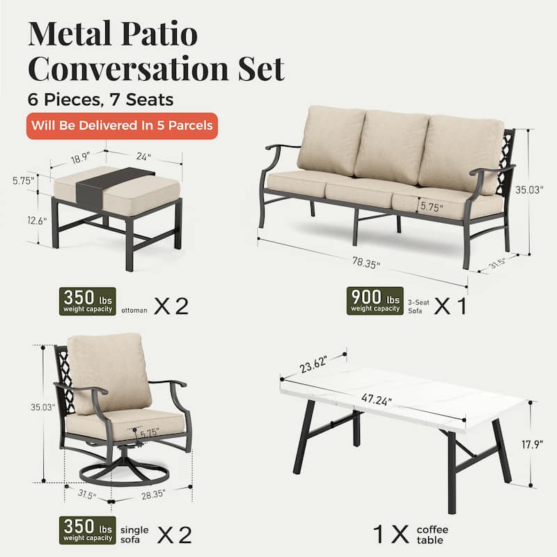 MAISON ARTS Patio Conversation Sets 5/7/9-Seat, Sofa Set with 2 Single Sofa Chairs, 3-Seater Sofa, Ottoman and Coffee Table