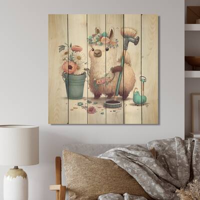 Designart 'Llama Cleaning Bathroom With Flowers II' Animals Llama Wood Wall Art - Natural Pine Wood