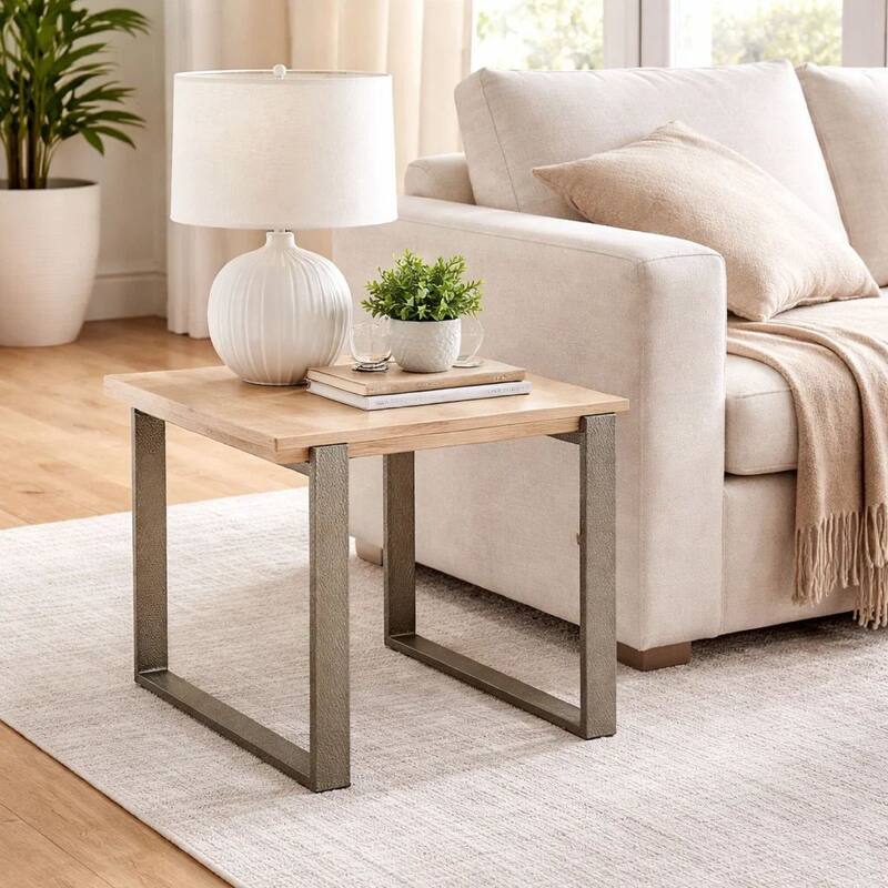 24 Inch Side End Table, Stone Tabletop, Metal Sled Base, Bronze