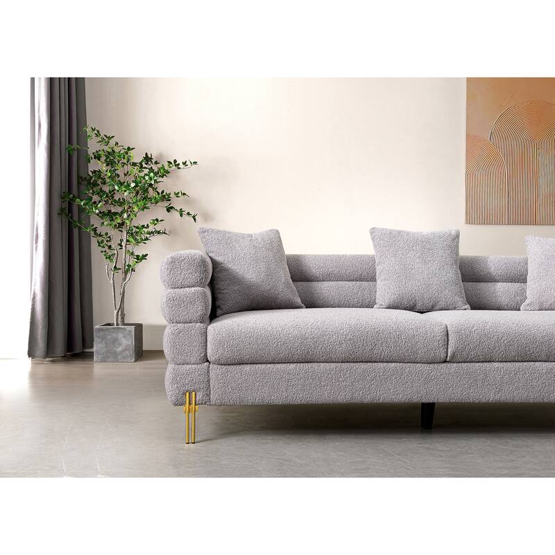 Gray Fabric Upholstered Sofa with Golden Legs and Pillows for 3 People
