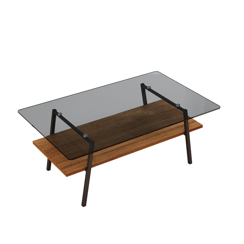 Rectangle Coffee Table, Tempered Glass Tabletop with Black Metal Legs, Modern Table for Living Room