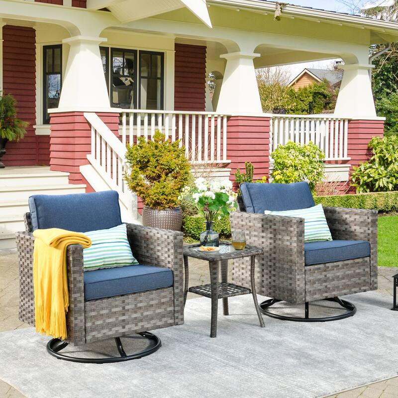 HOOOWOOO 3-piece Patio Rattan Outdoor Furniture Swivel Chair Set - Denim Blue