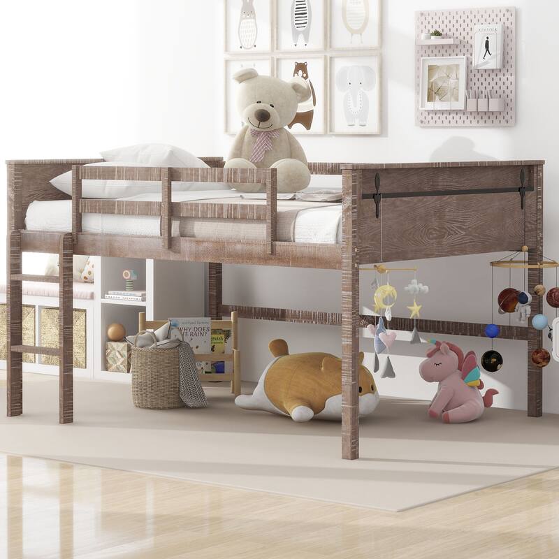 Wood Full Size Loft Bed with Hanging Clothes Racks, White Rustic