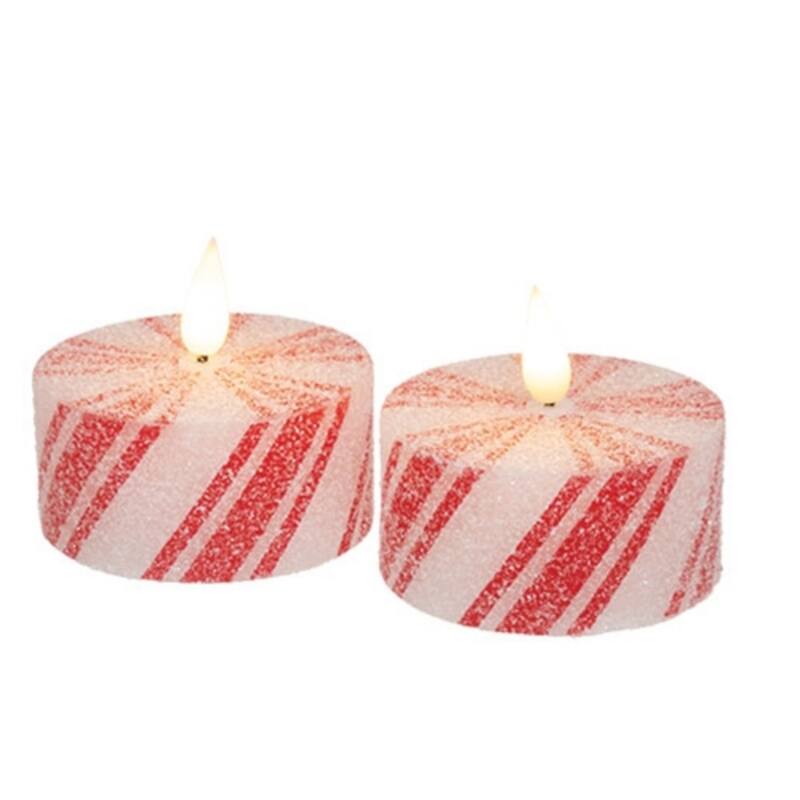 2/Set Glittered Peppermint LED Tealights Christmas Decor - 2.75" x 2.75" x 1.50" - Red-White