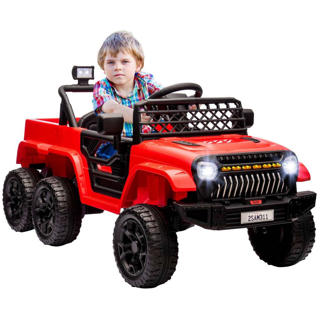 12V 4x4 Kids Ride On Truck with Back Trailer, Switchable 2WD/4WD, Remote Control, LED Lights, Music, Red