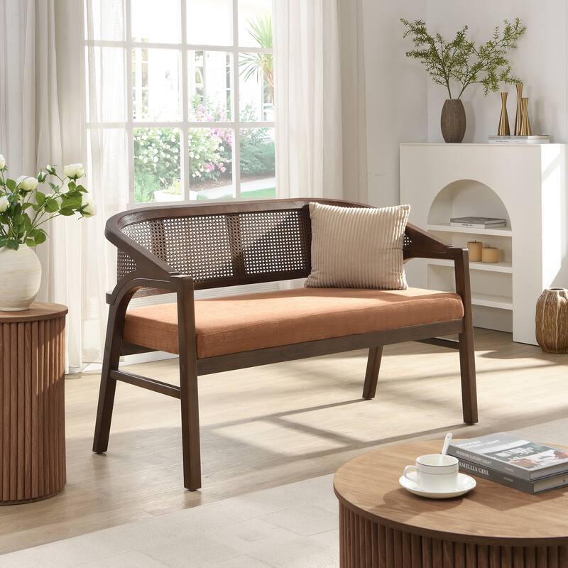 Christopher Knight Home - Curved Rubberwood Cane 46.25" Upholstered Loveseat - Caramel,Walnut