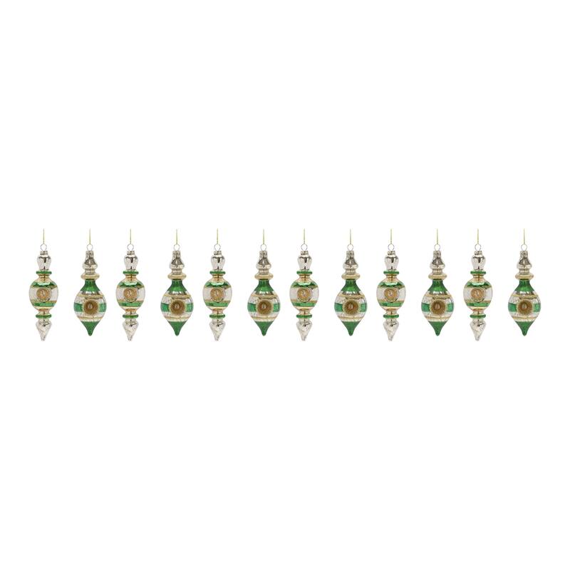 Glittered Reflector Finial Christmas Drop Ornaments - 6.75" - Green and Gold - 12ct