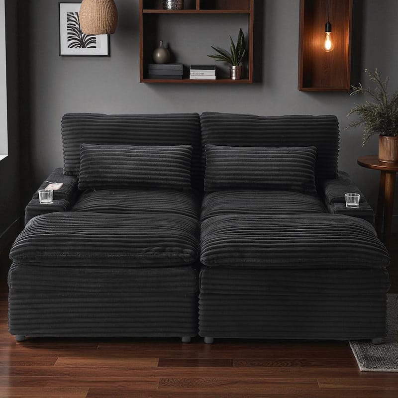 70.9" Convertible Loveseat Sofa Bed with Storage, 2 Ottomans, 4 USB Ports and Cup Holders, Corduroy Sectional for Living Room