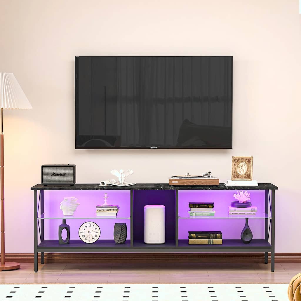 Modern Iron TV Stand with LED Lights, Remote Control, and Toughened Glass Shelves