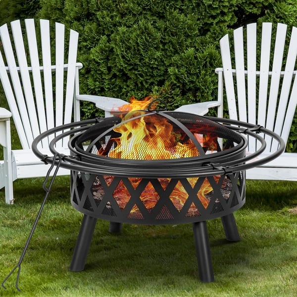 19 In. Square Portable Wood Burning Fire Pits With Mesh Lid And Poker For BBQ, Party In Black