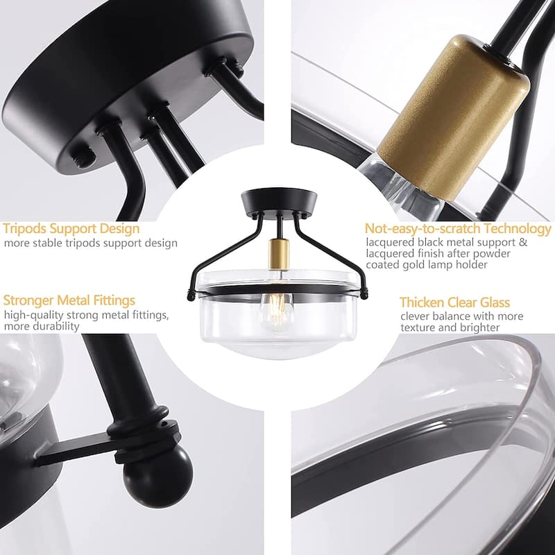 1-Light Dimmable Semi-Flush Mount with Clear Glass Shade for Bedroom Foyer