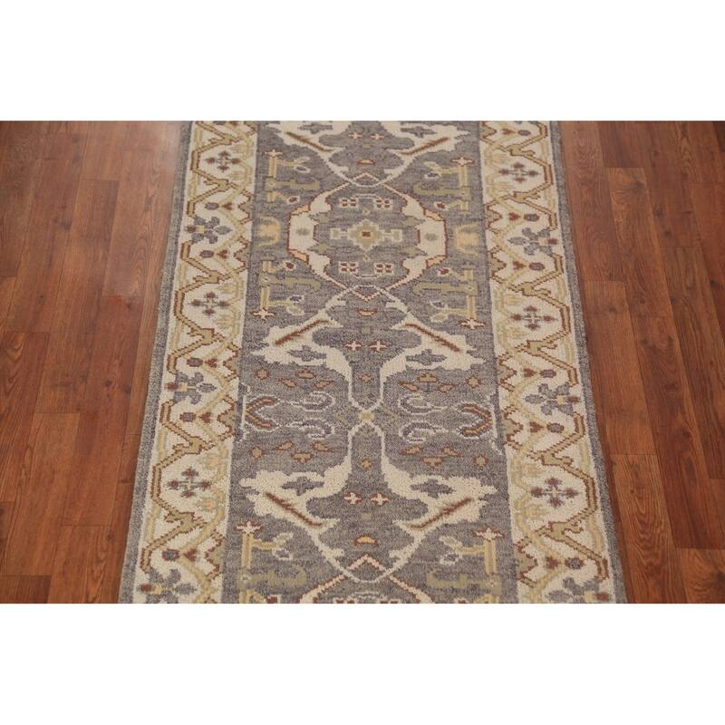 Gray & Ivory Oushak Indian Runner Rug Hand-Knotted Wool Carpet - 2'9"x 9'11"