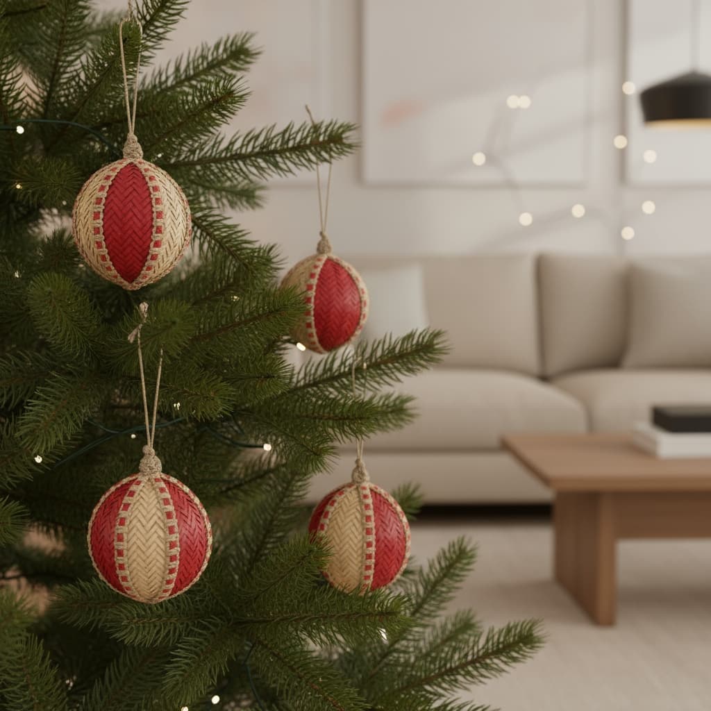 HomeRoots Set of Four Red And Natural Woven Bamboo Ball Ornaments