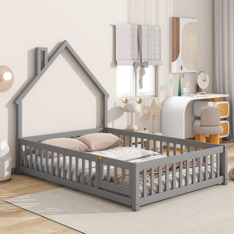 Full House-Shaped Headboard Floor Bed with Fence