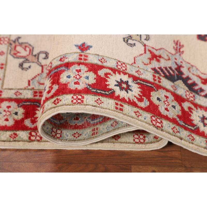Geometric Beige Kazak Foyer Rug Hand-Knotted Wool Carpet - 3'5" x 5'0"