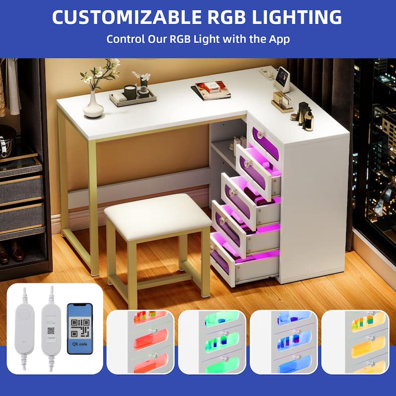 L Shaped Nail Desk with Stool RGB Lights USB Outlets and Drawers for Home or Studio