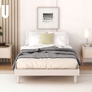 Floating Platform Bed Frame/ No Box Spring Needed, White Washed