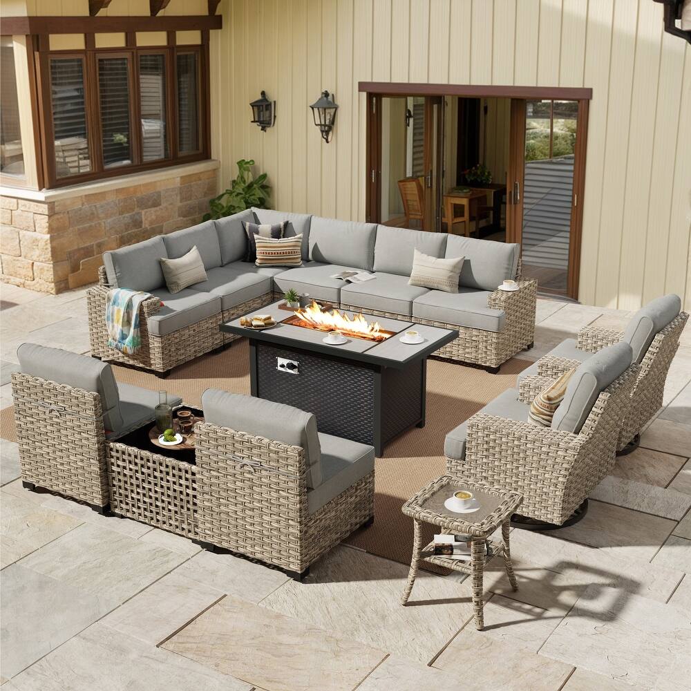 HOOOWOOO 13-piece Outdoor Wicker Furniture Swivel Chair Set with 54" Fire Pit Table