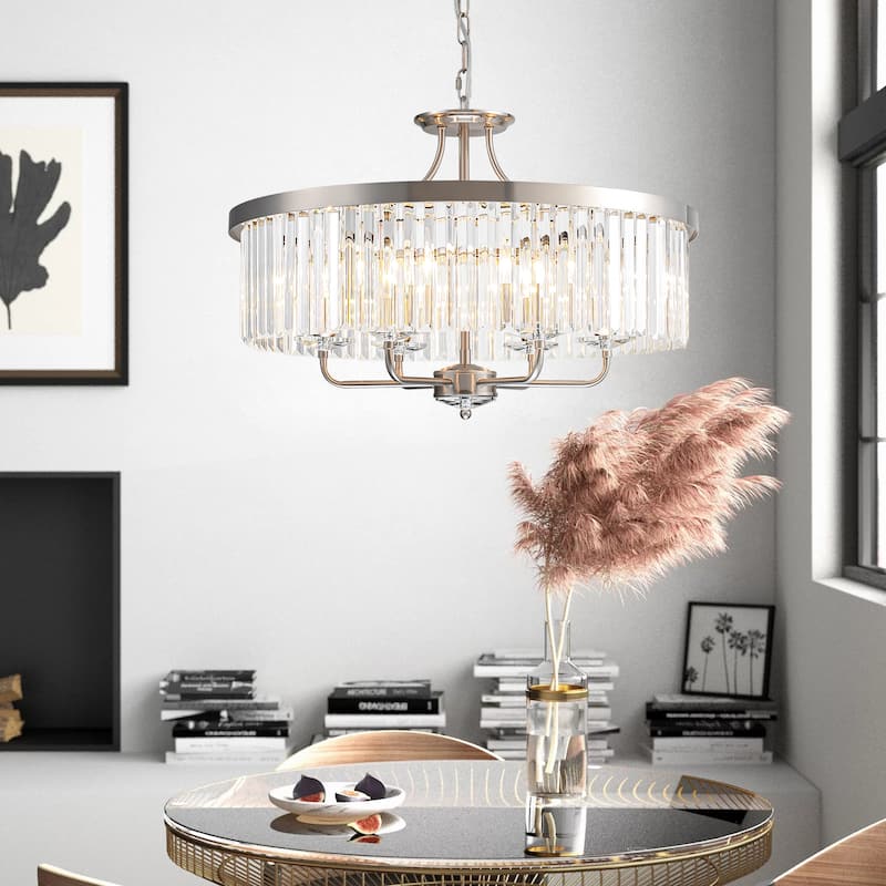 Modern Glam 6-Light Nickel Drum Crystal Chandelier/Pendant Light - 23.62 in. W x 16.92 in. H