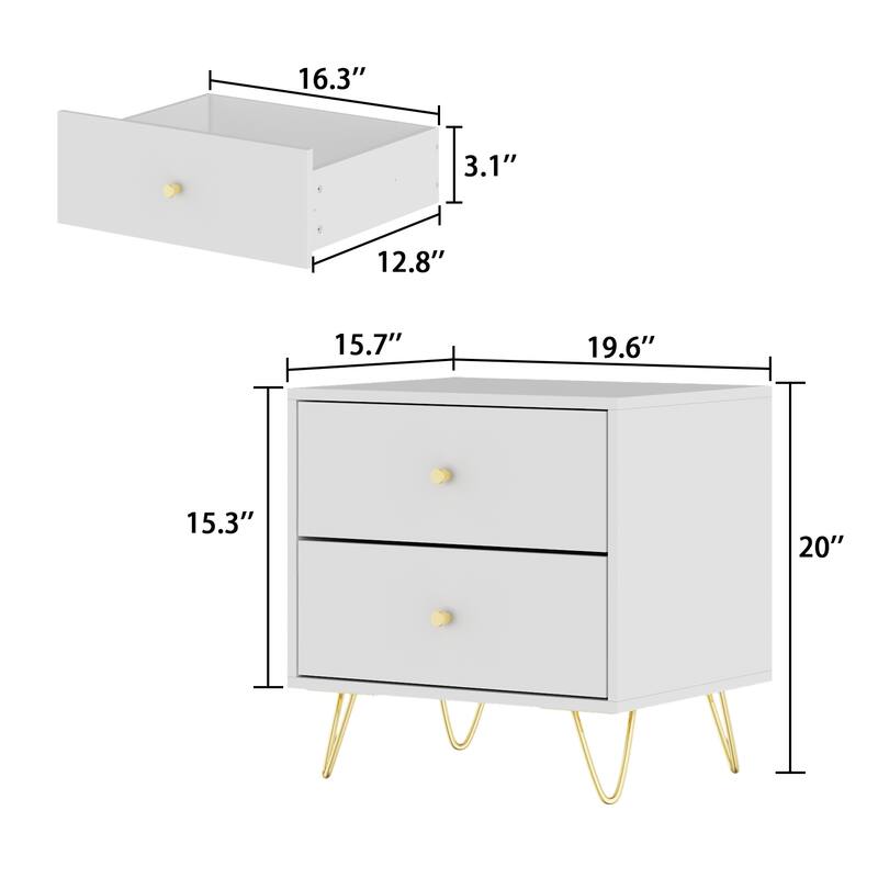 2/3-Drawer Nightstand with Metal Leg - Bedside Table - White End Table