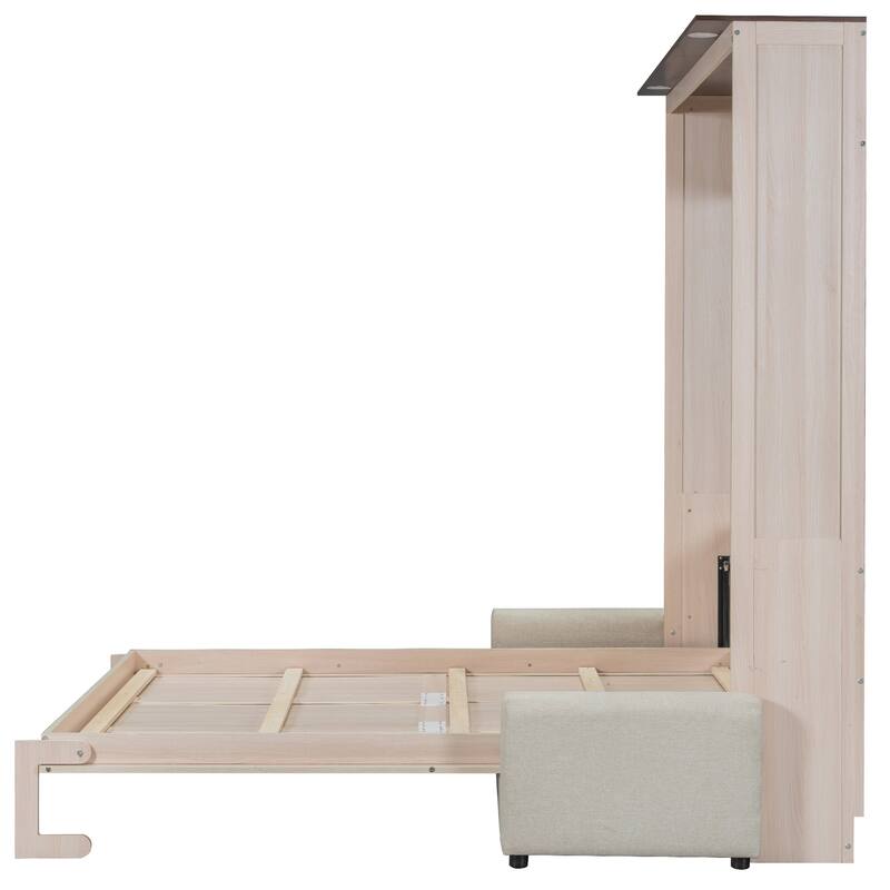 Queen Size Murphy Bed with Upholstered Sofa and Top LED, Beige, Space Saving Foldable Platform Bed Frame
