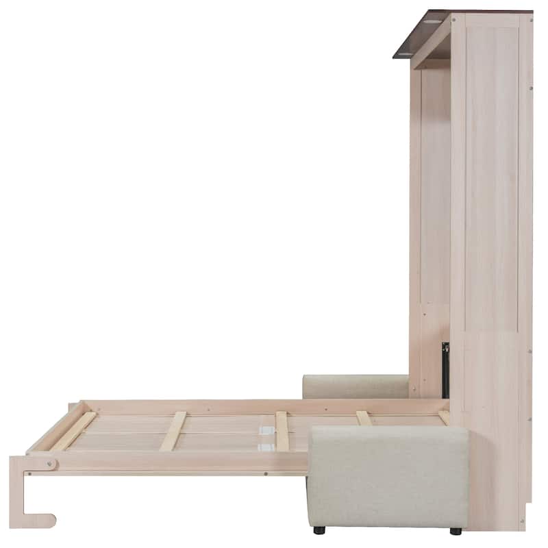 Roomfitters Queen Murphy Bed with Foldable Sofa and LED Lights, Space Saving, Beige