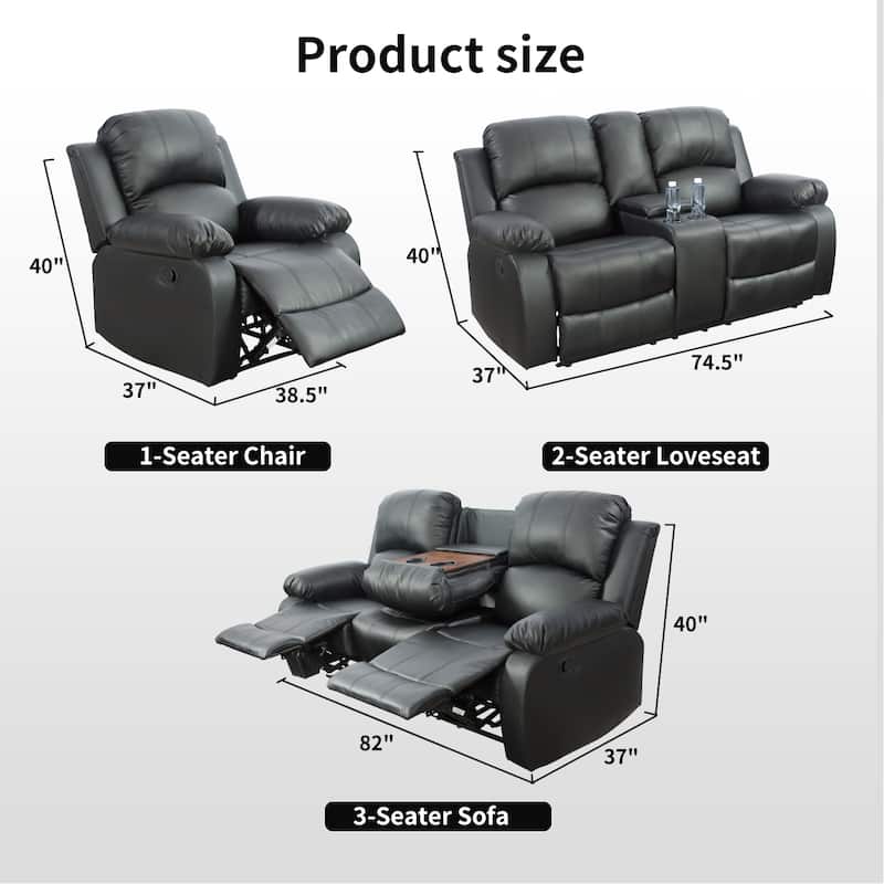 Black Semi PU And PVC 3-Piece Couch Living Room Sofa Set