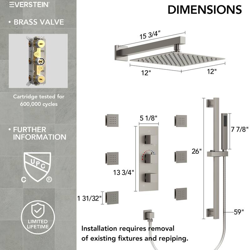Thermostatic Shower System 12" High-Pressure Rainfall Shower Head with Slide Bar Hand Shower