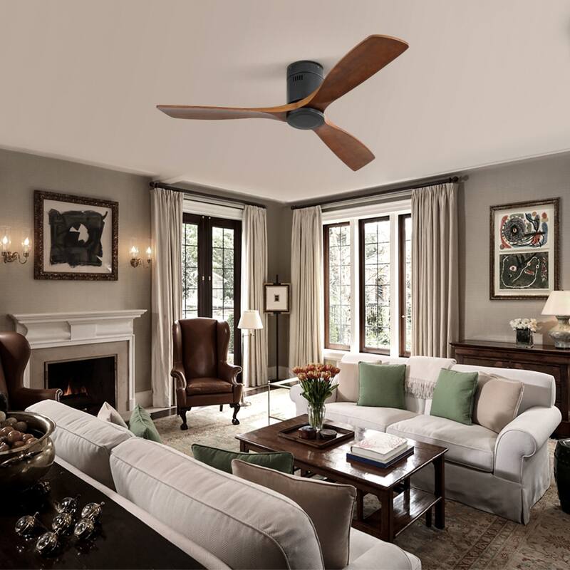 52'' Flush Mount Ceiling Fan with DC 3 Carved Wood Blades and Remote Control, without Light - 52''×52''×10.24''