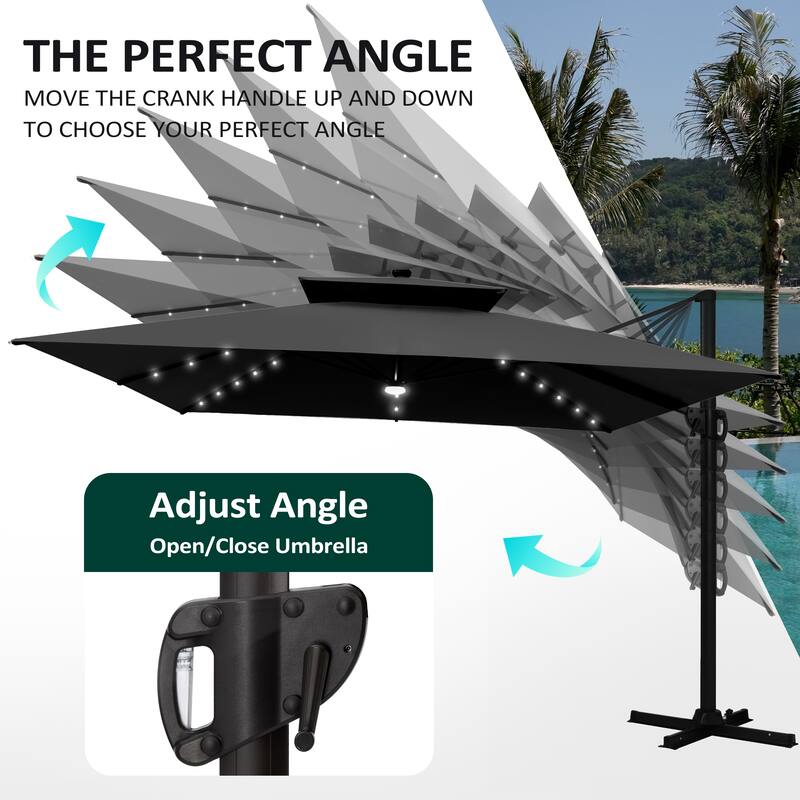 11 FT Square Outdoor Patio Cantilever Umbrella with Solar Lights Double Canopy 360 Rotation Tilt