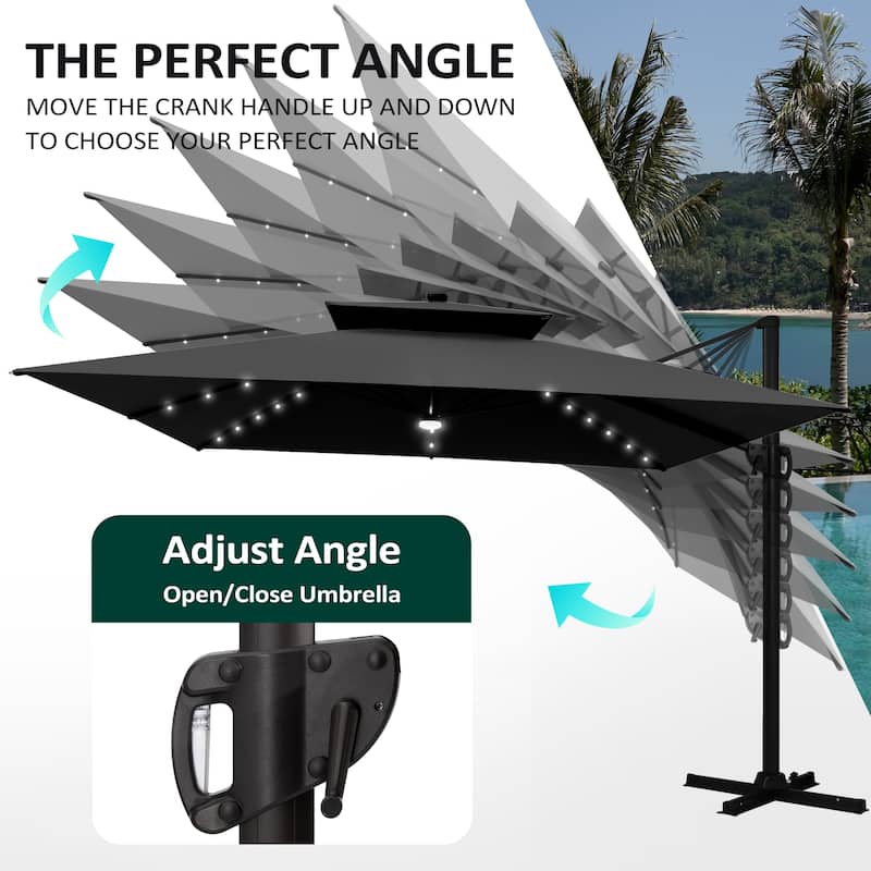 Pellebant 11X11 FT Outdoor Square Cantilever Patio Umbrella Solar LED Lighted with Wheel Base