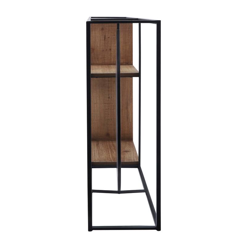 Wall Mount Shelf - Black Metal Brown Wood with Mirror - 34.0"