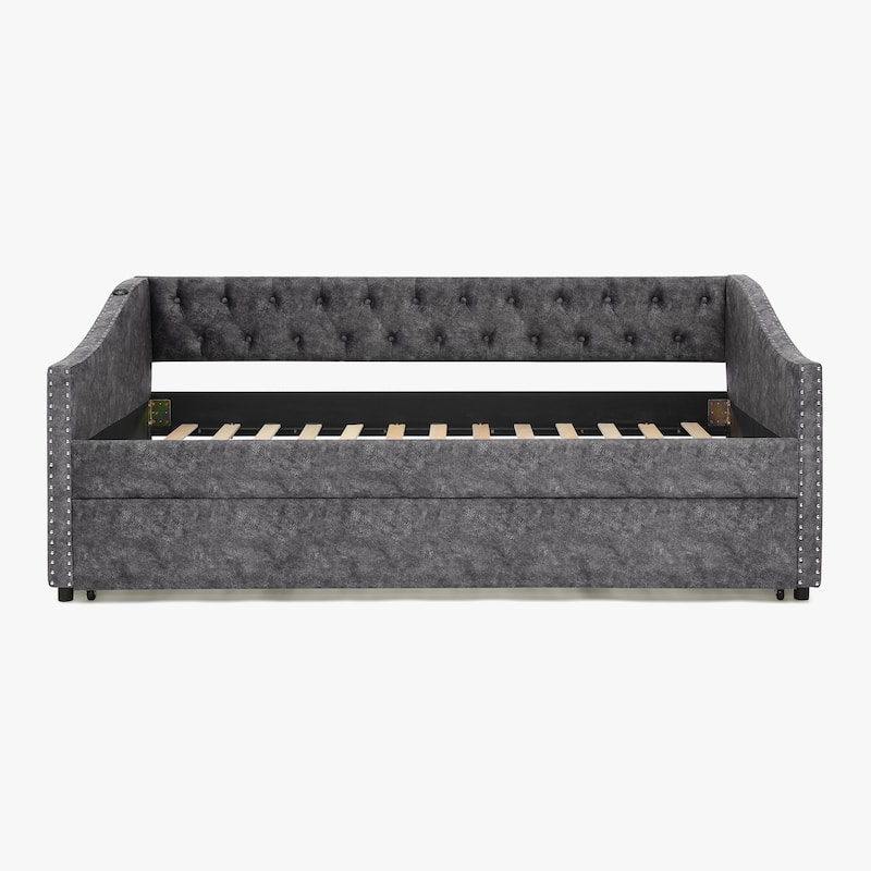 Twin Size Daybed with Pull Out Bed Trundle, Upholstered Button-Tufted Backrest Sofa Bed with Nailhead Trim & USB Charging Ports