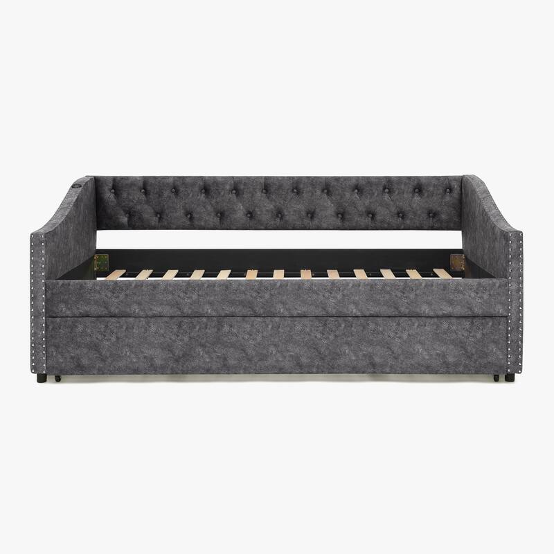 Twin Size Extendable Daybed with Pull-Out Bed, USB Charging Ports, Button Tufted Back & Nailhead Trim