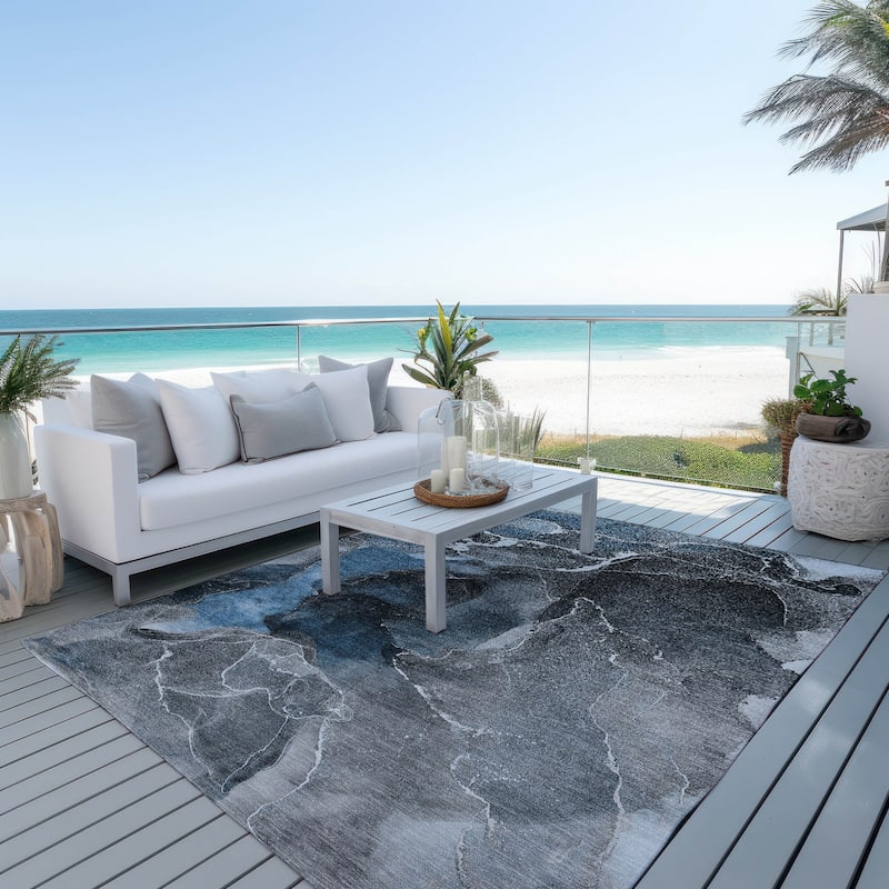 Machine Washable Indoor/ Outdoor Chantille Abstract Blue Rug