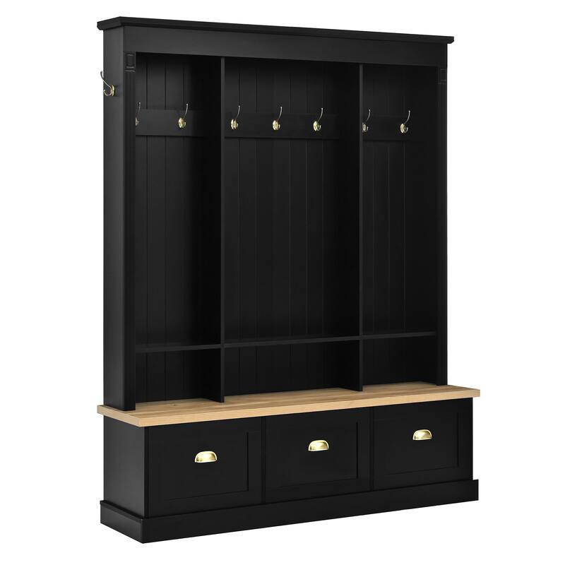 Elegant APP Controlled LED Light Hall Tree with 9 Hooks, Natural Storage Bench with 3 Large Cabinets, with Shelves